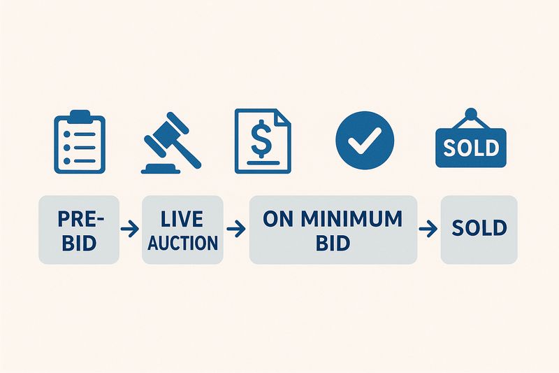 Infographic illustrating the flow of online car auction bidding statuses from Pre-Bid to Sold.