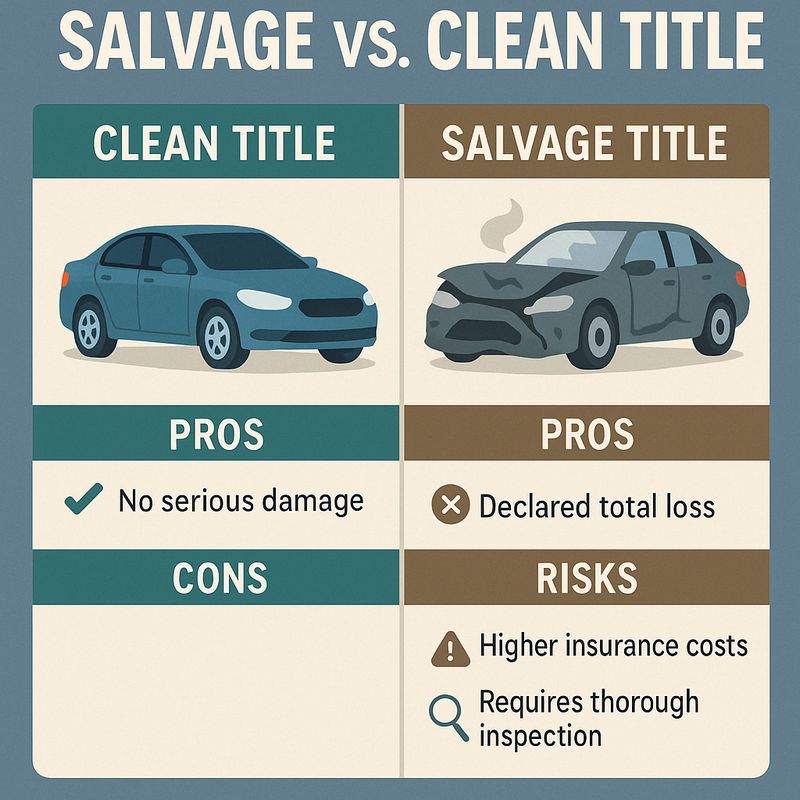 Infographic comparing clean title cars with salvage title cars, highlighting differences in damage, legality, and insurance.