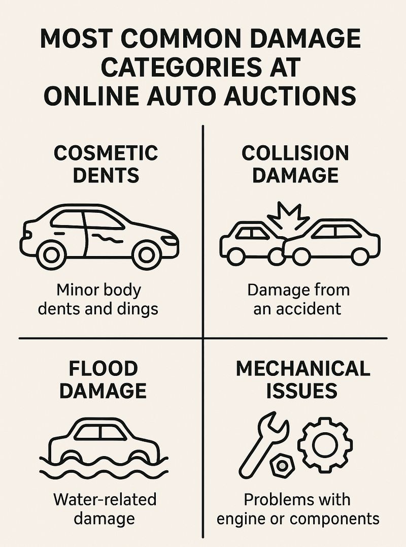 Infographic illustrating common types of damage in cars sold at online auctions, including dents, collisions, flood, hail, and mechanical problems.