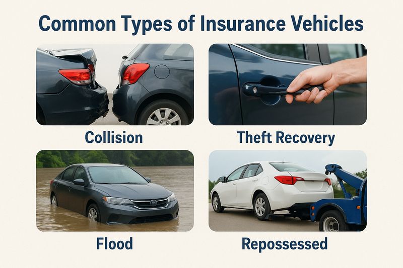 Diagram showing collision, theft recovery, flood, and repossessed vehicles with brief descriptions.