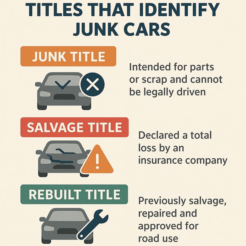 Infographic comparing junk, salvage, and rebuilt car titles with differences in repair status and legal use