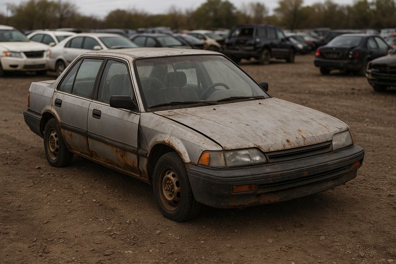 Old sedan with rusted panels and high mileage at a junkyard, showing typical junk car condition