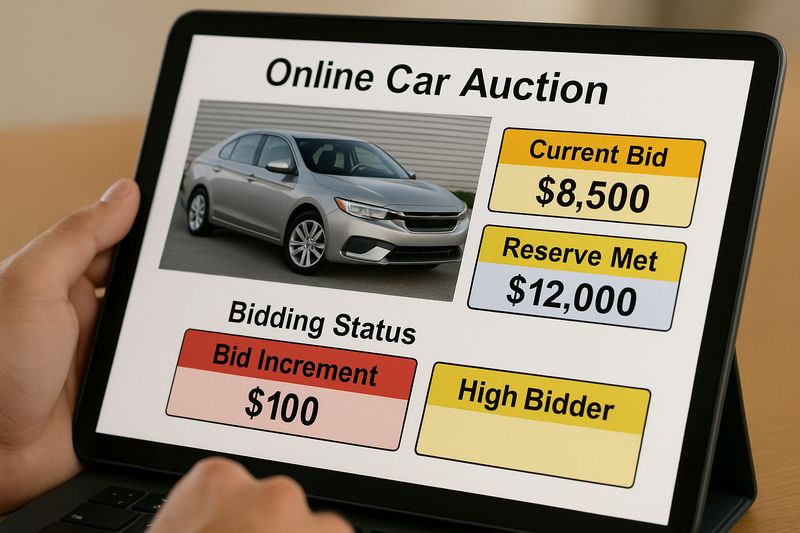 Close-up of an online car auction listing highlighting bidding statuses and key auction terms for buyers.