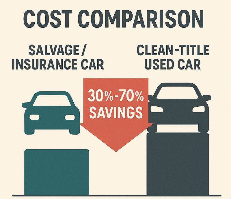 Infographic comparing the cost of salvage and insurance cars versus clean-title cars, showing potential savings of 30–70%.