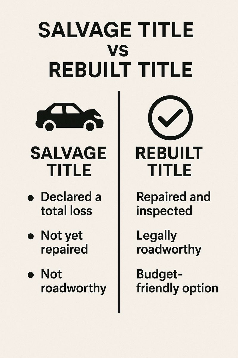 Infographic comparing salvage and rebuilt car titles with differences in repair, inspection, and roadworthiness