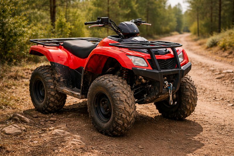 Single-rider ATV navigating a dirt trail, showing off-road tires and compact design