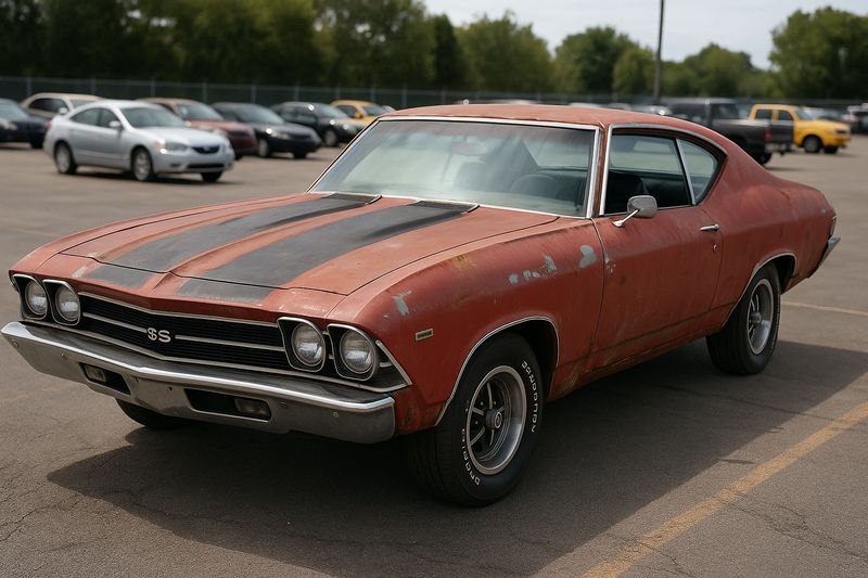 Classic muscle car with cosmetic wear at an auto auction, showing strong frame and potential for restoration.