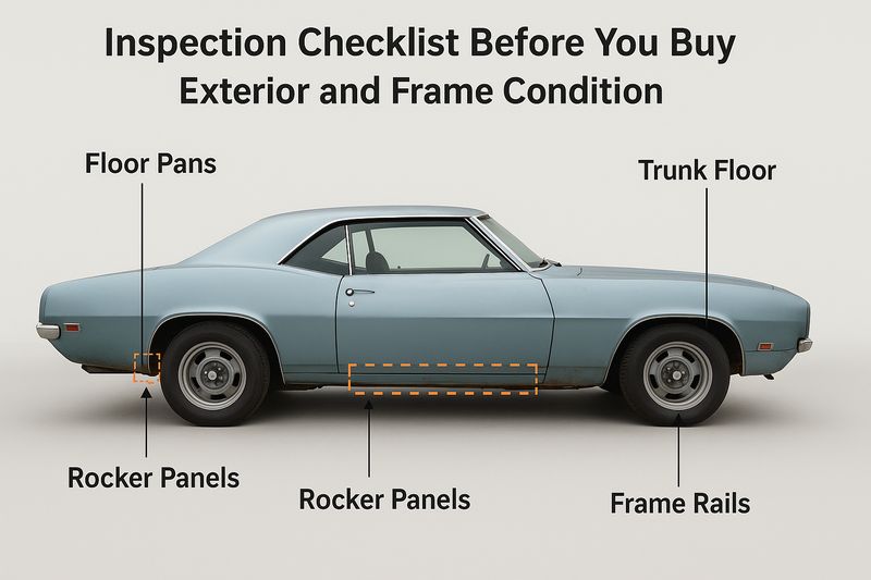 Diagram showing key inspection points on a classic muscle car, highlighting rust-prone areas for budget restoration buyers.