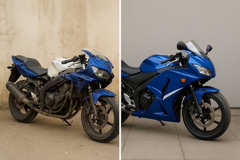 Before-and-after photo of a restored salvage motorcycle, showing the transformation.