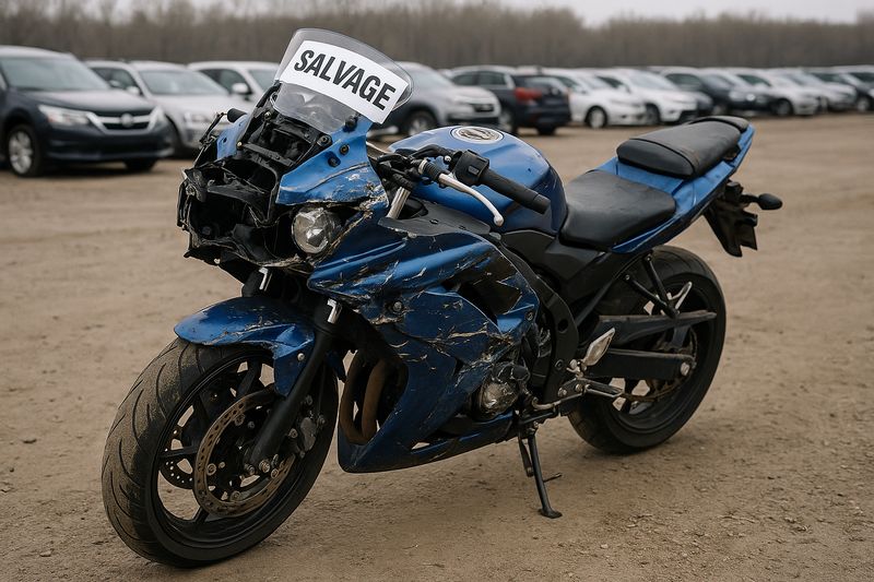 Salvage motorcycle with visible damage displayed at an auction for budget buyers.