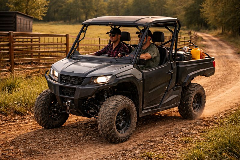 UTV side-by-side carrying passengers and cargo across rough terrain
