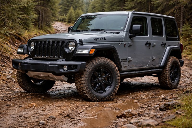 2021 Jeep Wrangler Willys showing off-road tires, skid plates, and Command-Trac 4x4 system on a gravel trail.