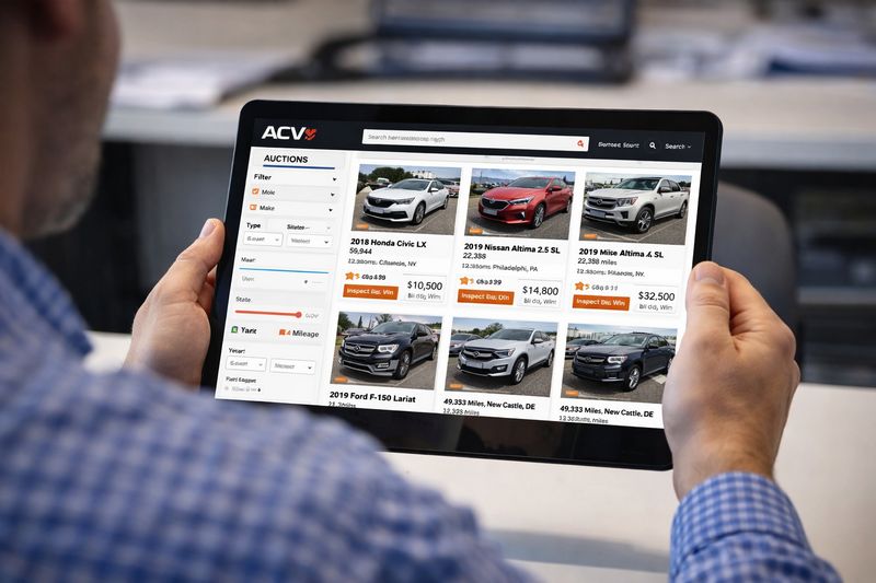 Dealer browsing cars on the ACV Auctions online platform using a laptop