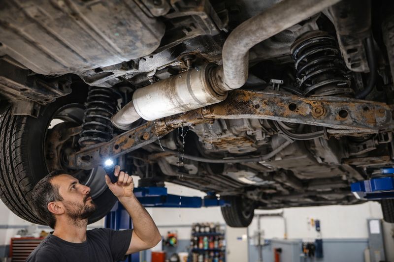 Car on a lift showing underbody, suspension, and frame components for inspection