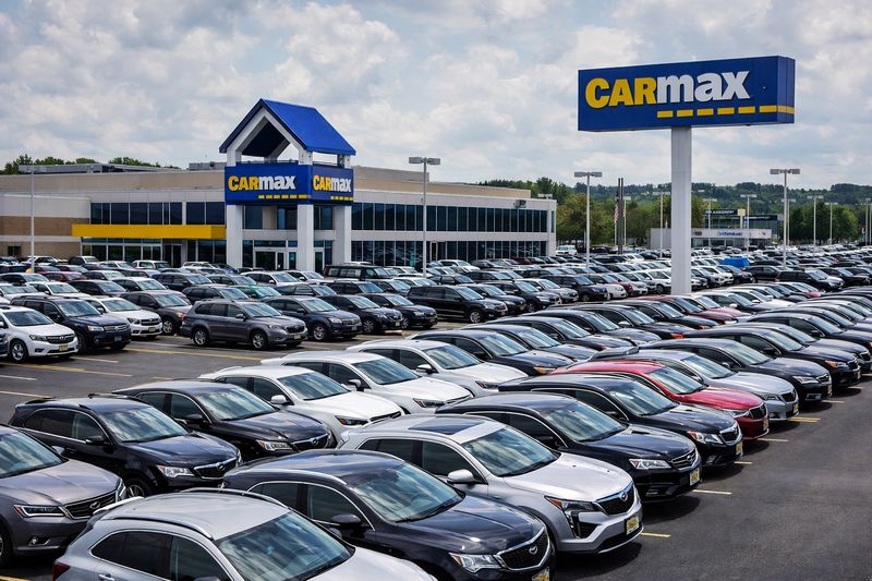 Large CarMax used car dealership with rows of vehicles available nationwide.