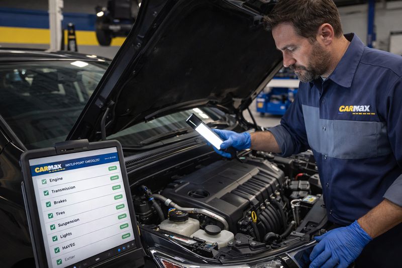 Mechanic performing a detailed inspection on a used car before retail sale.