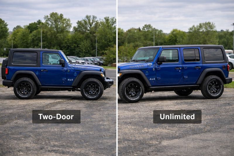 Comparison of 2021 Jeep Wrangler Willys two-door and four-door Unlimited models showing size and door differences