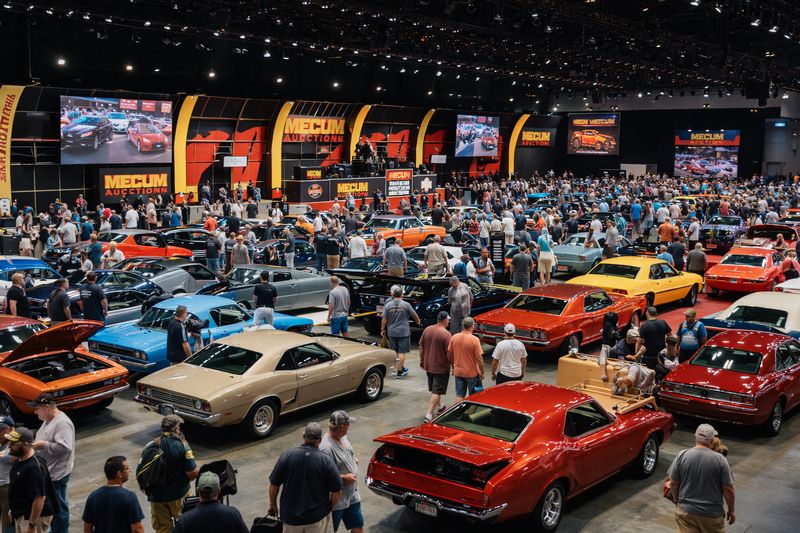 Mecum Auctions live event hall showcasing classic and muscle cars during a collector car auction.