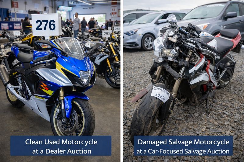 Comparison of a clean used motorcycle at a dealer auction versus a salvage motorcycle at a car auction