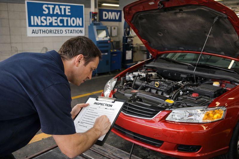 Mechanic performing a state inspection on a rebuilt salvage vehicle to verify roadworthiness.