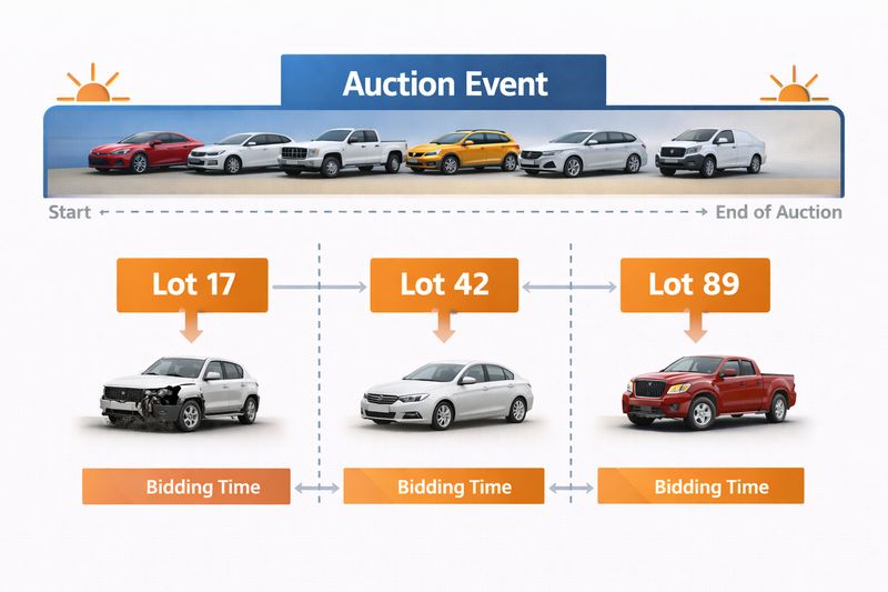 Timeline diagram showing a full-day car auction event with individual lots highlighted to indicate separate bidding times.