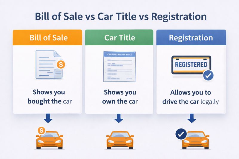 Infographic illustrating the differences between a bill of sale, car title, and vehicle registration.