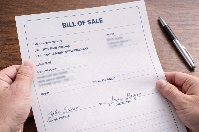 Photo of a completed car bill of sale with signatures and vehicle details.