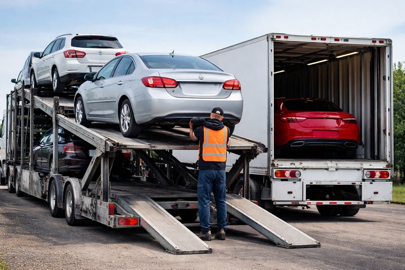 Photo showing a car being loaded onto an open transport truck, with an enclosed carrier visible, illustrating different car shipping options.