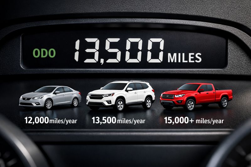 Close-up photo of a car odometer with sedan, SUV, and truck icons illustrating typical annual mileage ranges.