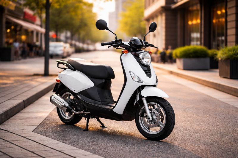 "A small, lightweight moped parked on a busy city street for affordable urban commuting." Placement: After this paragraph.