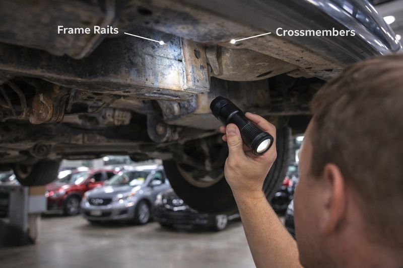 Photo of a person using a flashlight to inspect the undercarriage of a car at an auction, showing focus on frame rails and crossmembers.