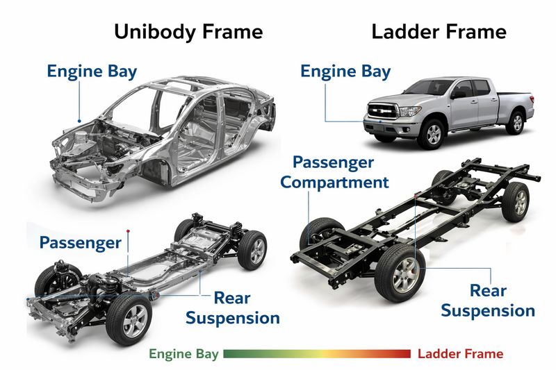 Side-by-side photo of a unibody car frame and a ladder frame with labels highlighting structural differences.