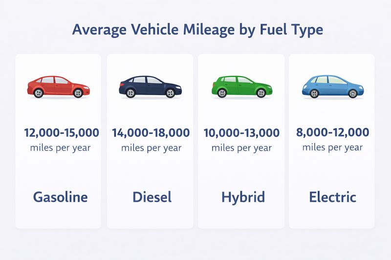 Infographic showing average annual mileage for gasoline, diesel, hybrid, and electric vehicles.