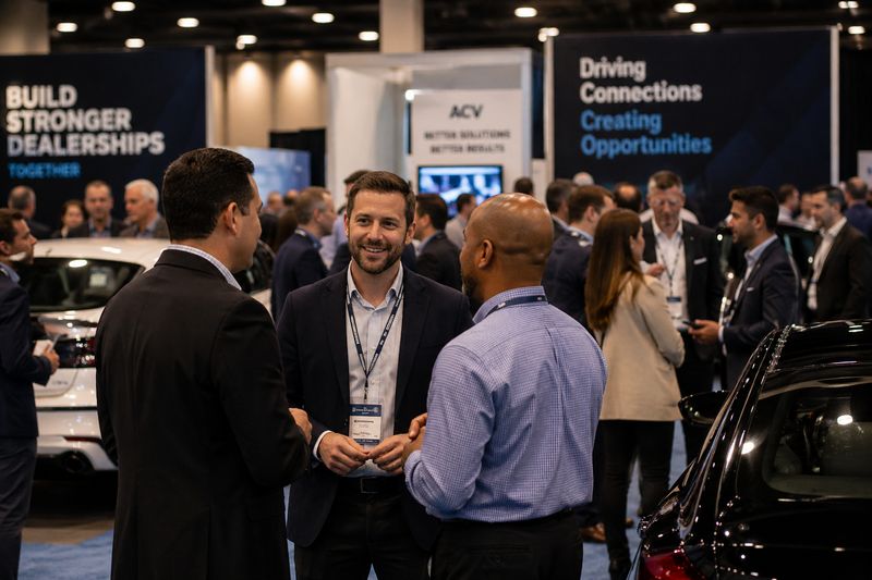 People networking at an automotive industry event, discussing cars and business opportunities