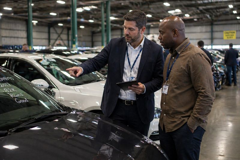 Car buyers discussing a vehicle at an auction, analyzing condition and potential deal