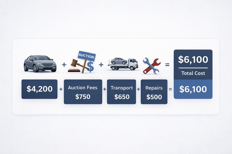 Infographic showing total car cost calculation including auction fees, transport, and repairs