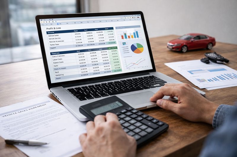 Car dealer analyzing vehicle costs and profits using laptop and financial documents