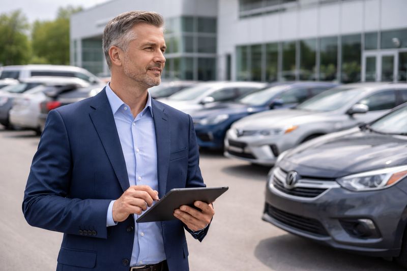 Dealer principal reviewing inventory and managing operations at a car dealership lot