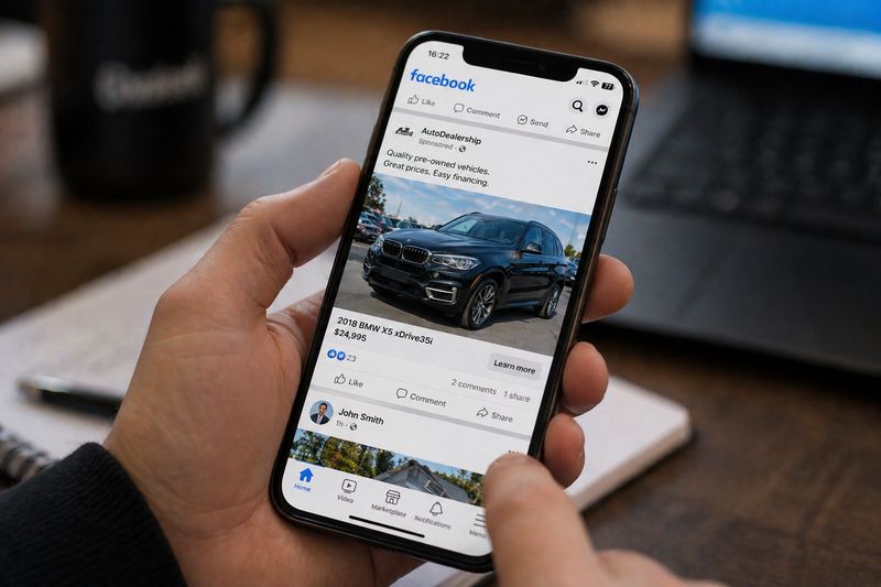 User viewing a car dealership ad on Facebook feed on a smartphone