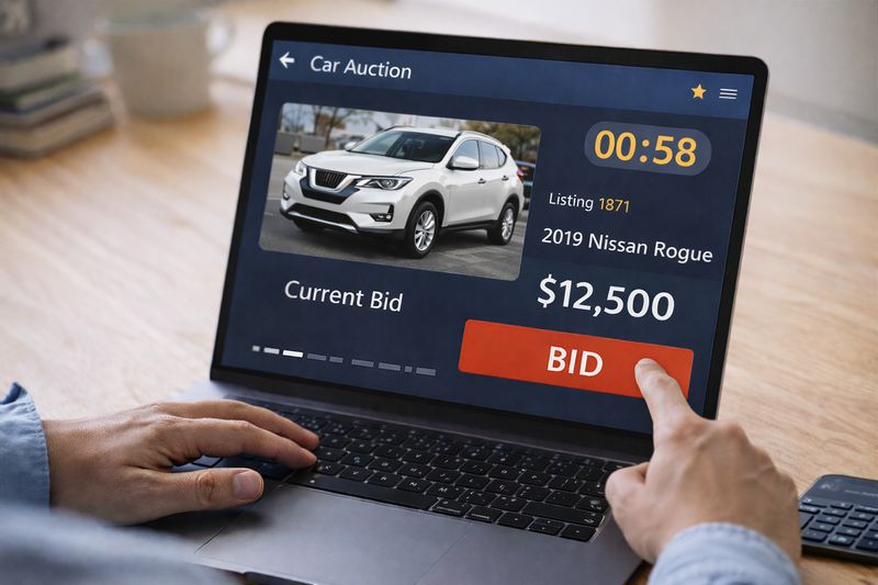 Online auto auction platform displaying a vehicle listing with active bidding and price updates