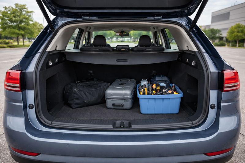 Modern station wagon with open rear hatch showing large cargo space connected to the passenger area.