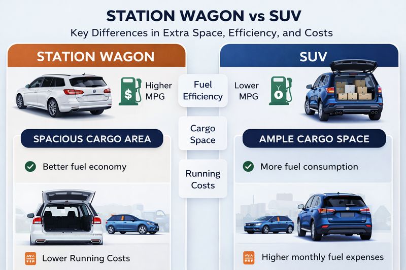 Infographic comparing a station wagon and SUV showing fuel efficiency, cargo space, and maintenance cost differences.