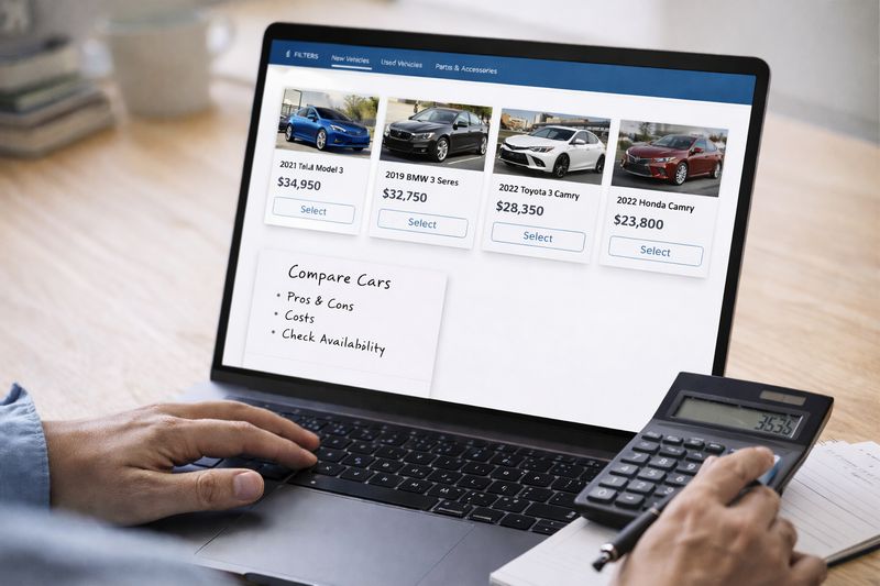 Person researching and comparing cars online as part of the vehicle acquisition process