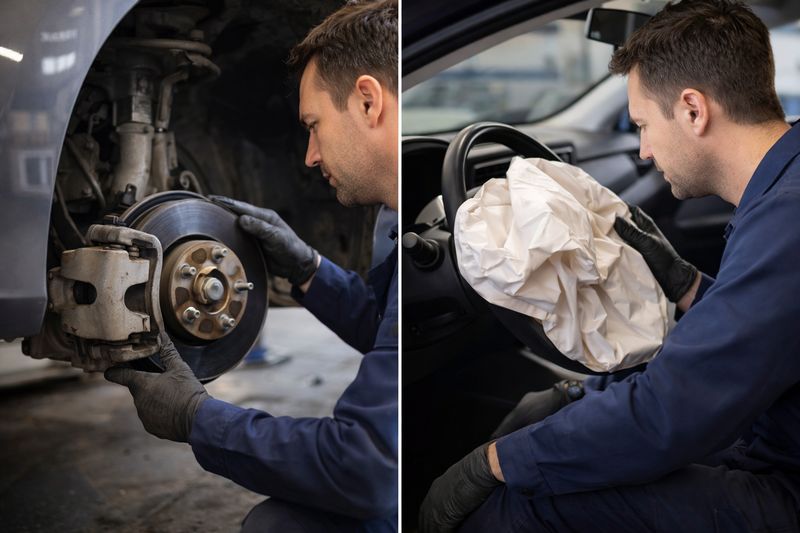 Mechanic inspecting brakes and airbag system of a car during a safety recall.