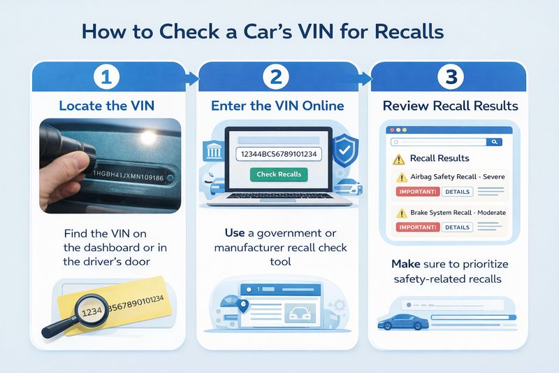 Infographic showing step-by-step process to check a car’s VIN for open recalls.