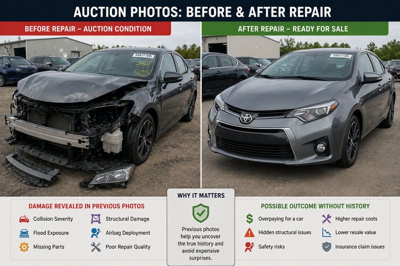 Before and after auction vehicle photos showing collision damage and completed repairs
