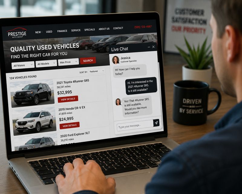 Customer using live chat on a car dealership website to ask questions about a vehicle