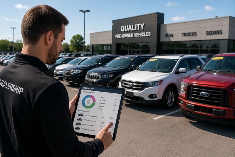 Used car dealership inventory management with multiple vehicles and digital tracking system