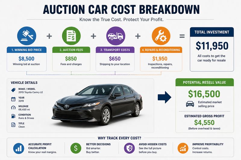 Infographic showing auction vehicle costs including transport, fees, and repairs