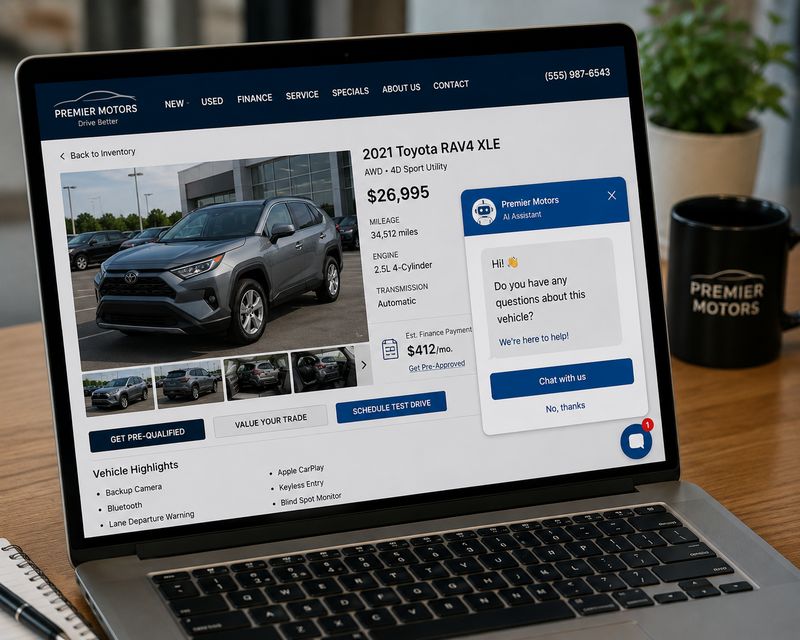Automated live chat message appearing on a dealership vehicle listing page to engage website visitors